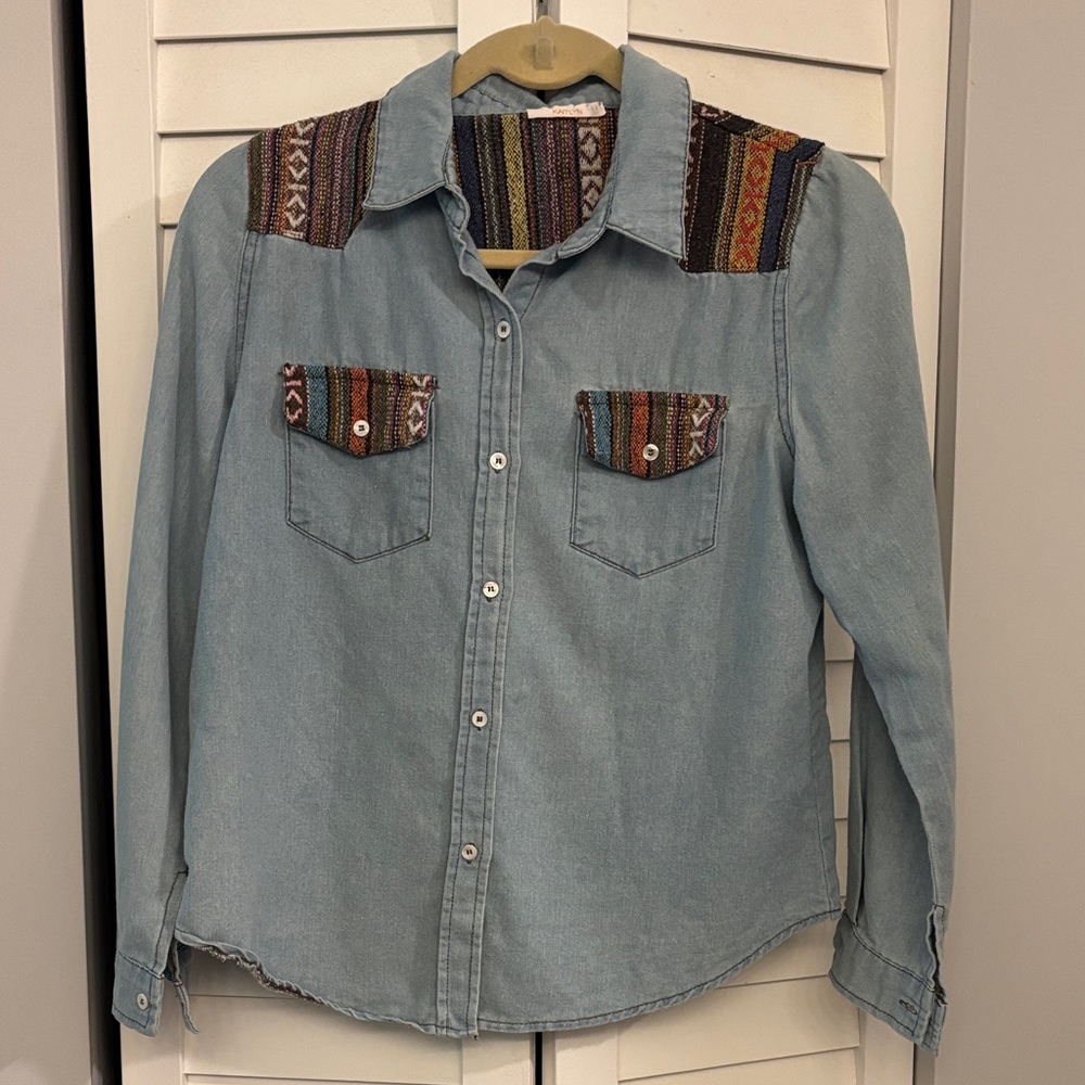 Kaitlyn Light Blue Denim Shirt with Multicolor Accents
